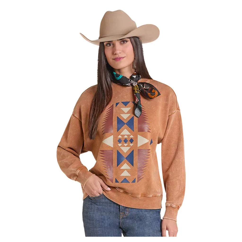 Panhandle Ladies Brass Aztec Crew Neck Lightweight Sweatshirt