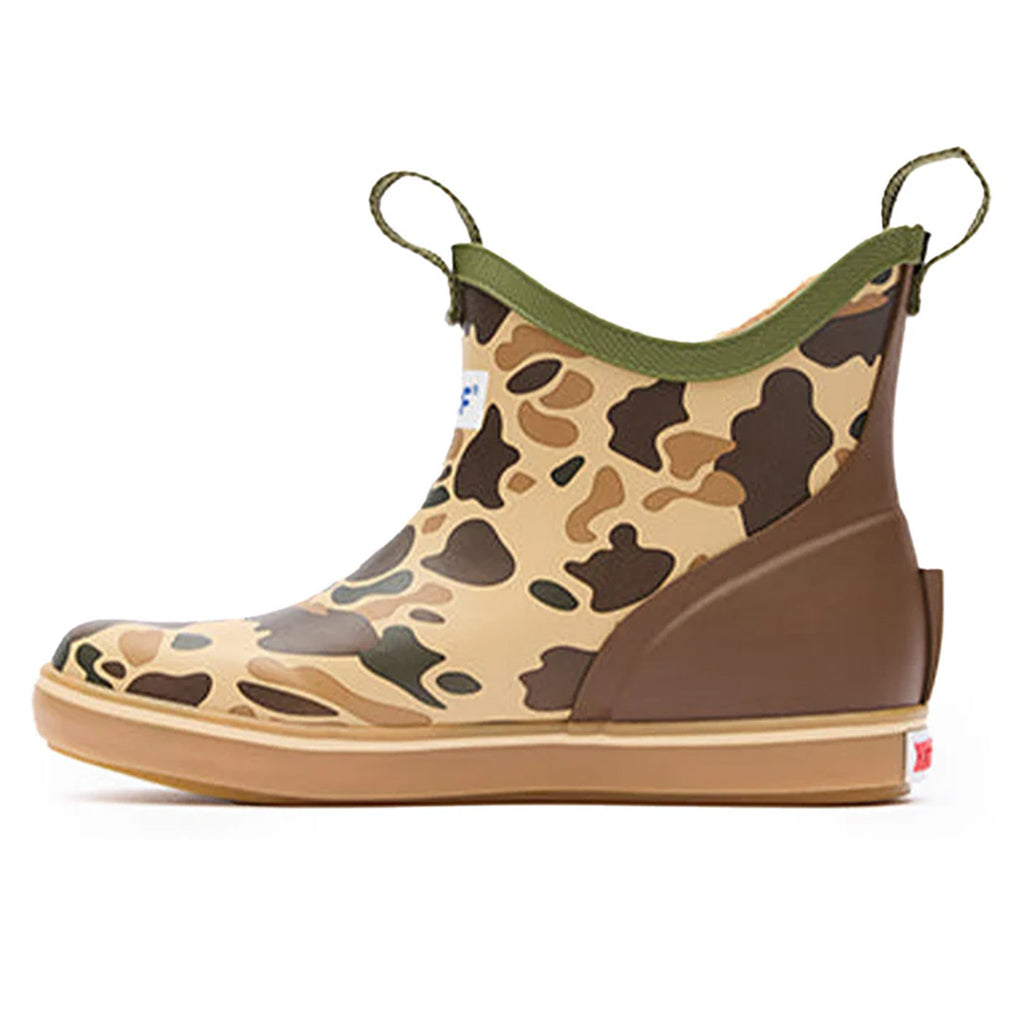 Kid’s Duck Camo Ankle Boot with rugged camouflage design and durable sole on white background.