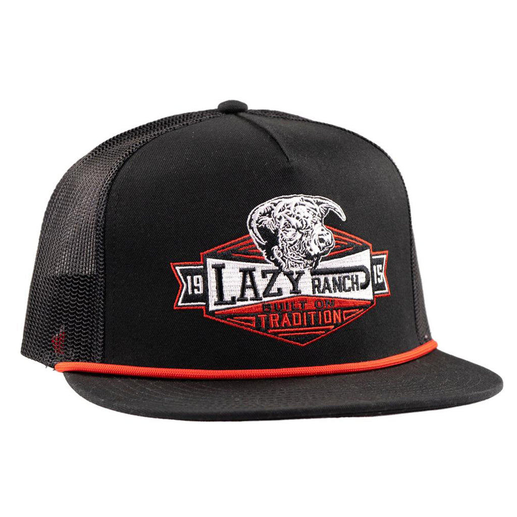 Front and side view of black and red cap. 