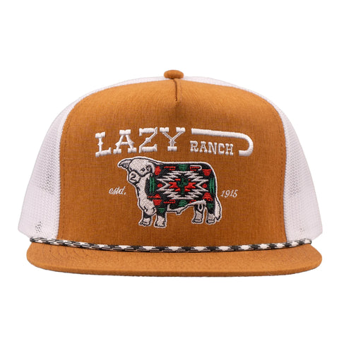 Front side view of Brown and white Lazy J  cap. 