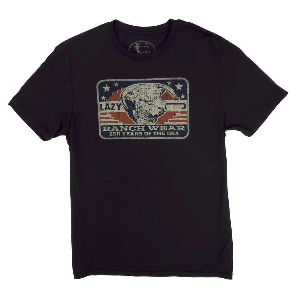Lazy J Ranch Black Freedom T‑shirt shown from the front with the bold patriotic graphic on a soft black crewneck tee.