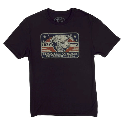 Lazy J Ranch Black Freedom T‑shirt shown from the front with the bold patriotic graphic on a soft black crewneck tee.