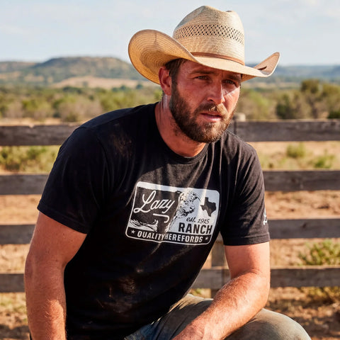 Model Wearing Lazy J Ranch Black & White Legado T-Shirt
