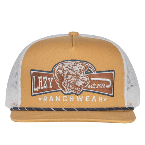 Front side view of mustard and white Lazy J Ranch Cap.