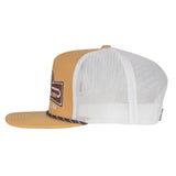 Side view of mustard and white Lazy J Ranch Cap.