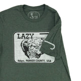 Close‑up of the Lazy J Ranch Forest Green Parker County Hereford T‑shirt sleeve patch showing the stitched Lazy J branding 