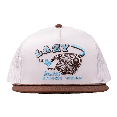 Lazy J Ranch white and brown Desert Frost rope cap shown from the front with the embroidered patch and classic rope detail.