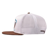 Side view of the Lazy J Ranch white and brown Desert Frost rope cap highlighting the structured crown and brown mesh back.