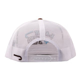 Back view of the Lazy J Ranch white and brown Desert Frost rope cap showing the breathable brown mesh and adjustable snapback closure.