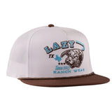 Angled view of the Lazy J Ranch white and brown Desert Frost rope cap displaying the two‑tone design, rope accent, and embroidered patch.