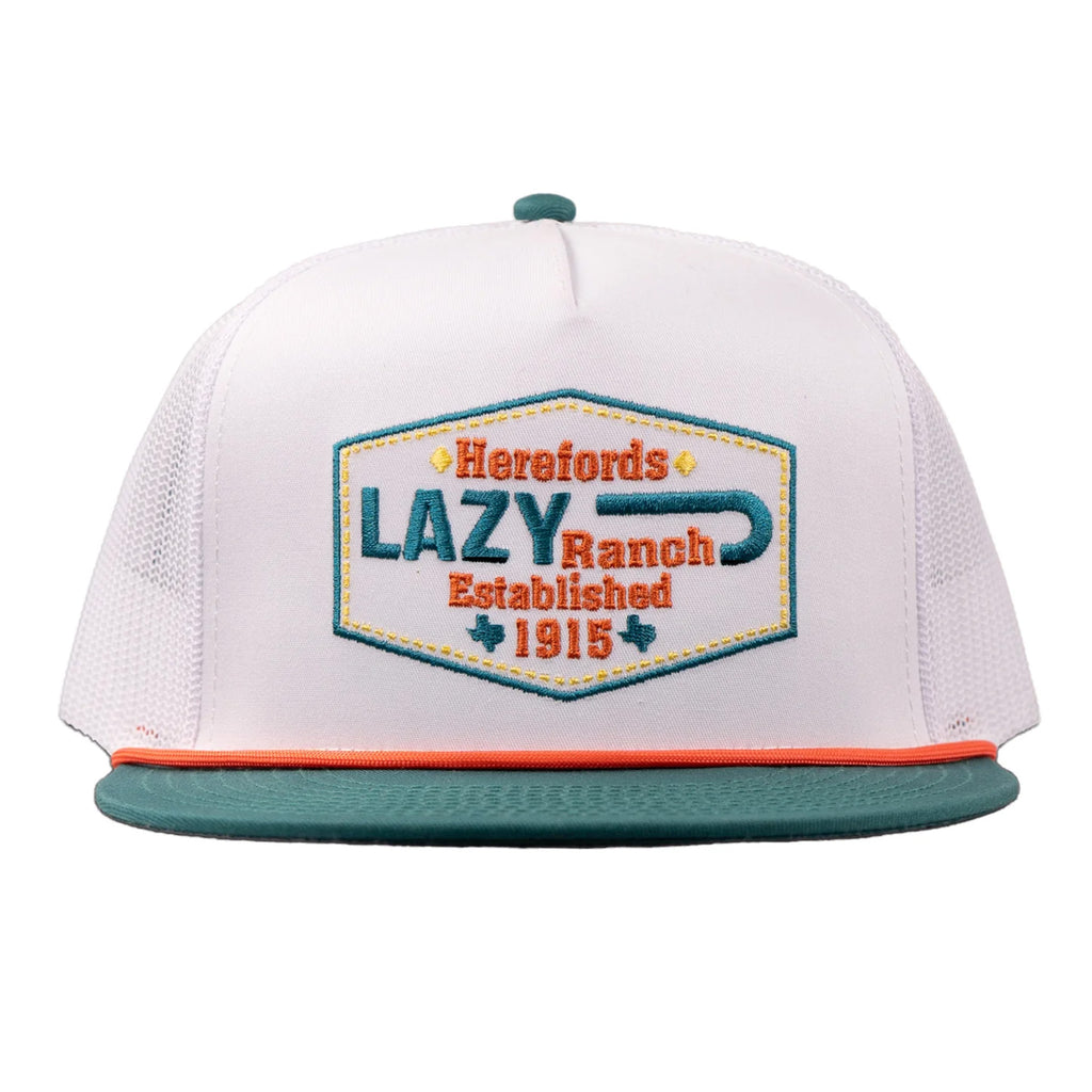 Lazy J Ranch white and green Enchanted rope trucker hat shown from the front with the embroidered patch and classic rope detail.