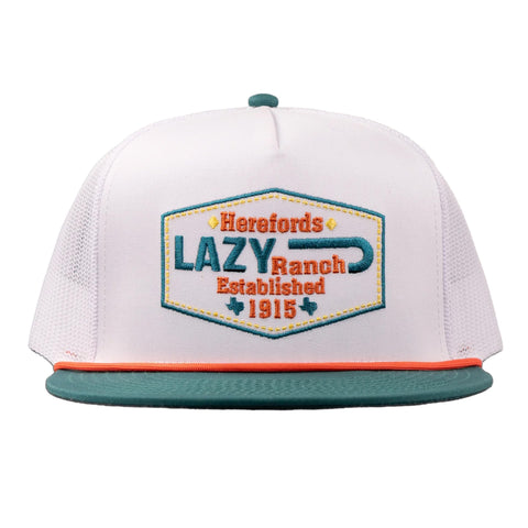 Lazy J Ranch white and green Enchanted rope trucker hat shown from the front with the embroidered patch and classic rope detail.