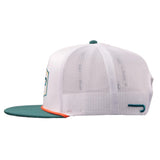 Side view of the Lazy J Ranch white and green Enchanted rope trucker hat highlighting the structured front panel and green mesh back.