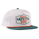 Angled view of the Lazy J Ranch white and green Enchanted rope trucker hat displaying the two‑tone design and front rope accent.