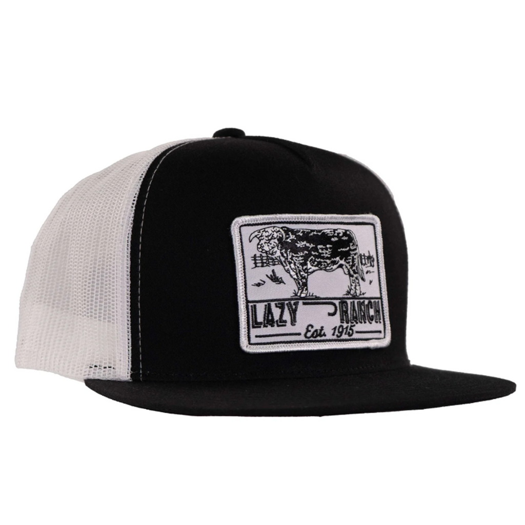 black and white five panel trucker hat with lazy j bull trap patch.