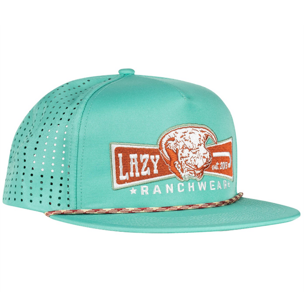 Teal trucker cap with lazy J Ranch patch.