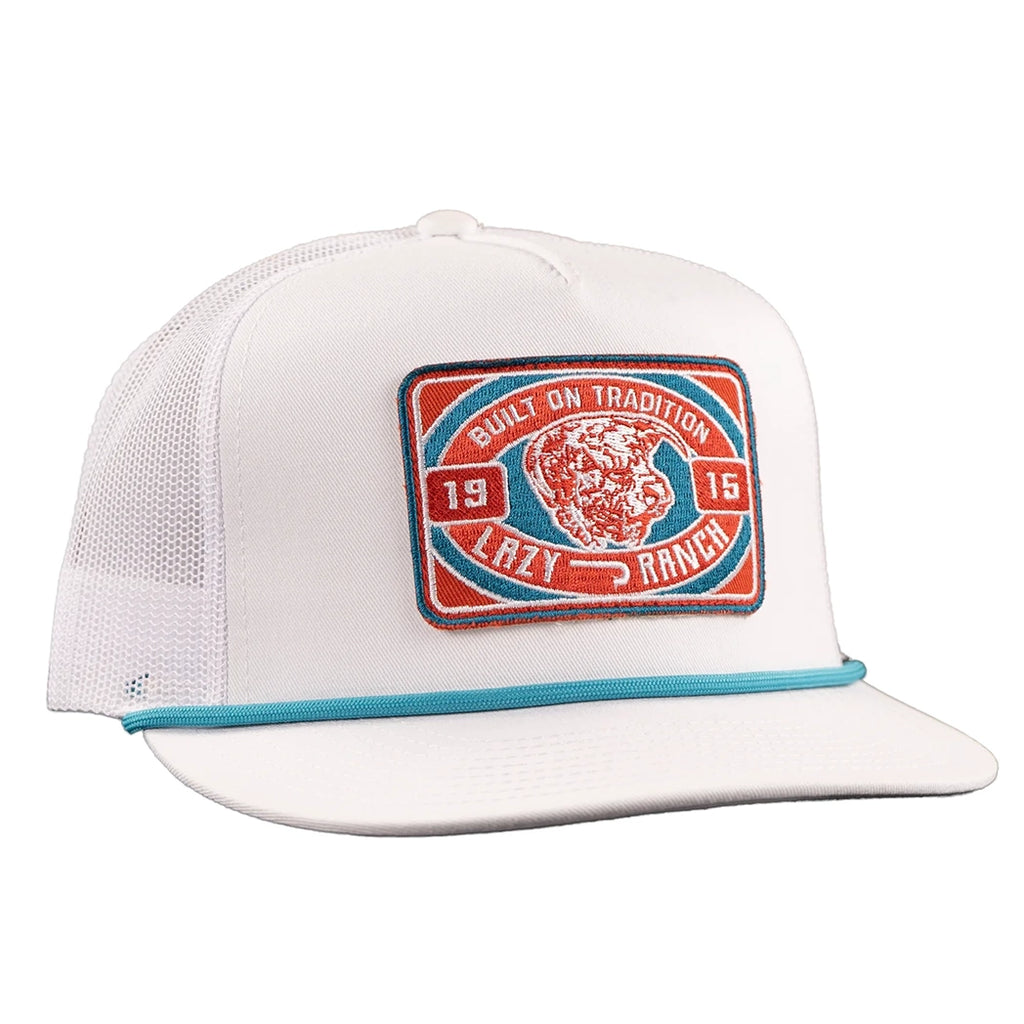White with Lazy J bull wagon patch with baby blue rope across 