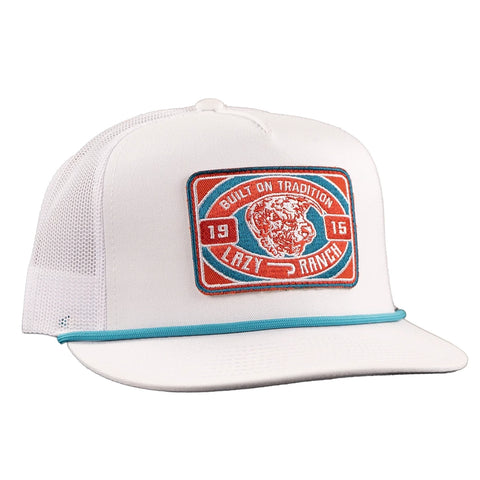 White with Lazy J bull wagon patch with baby blue rope across 