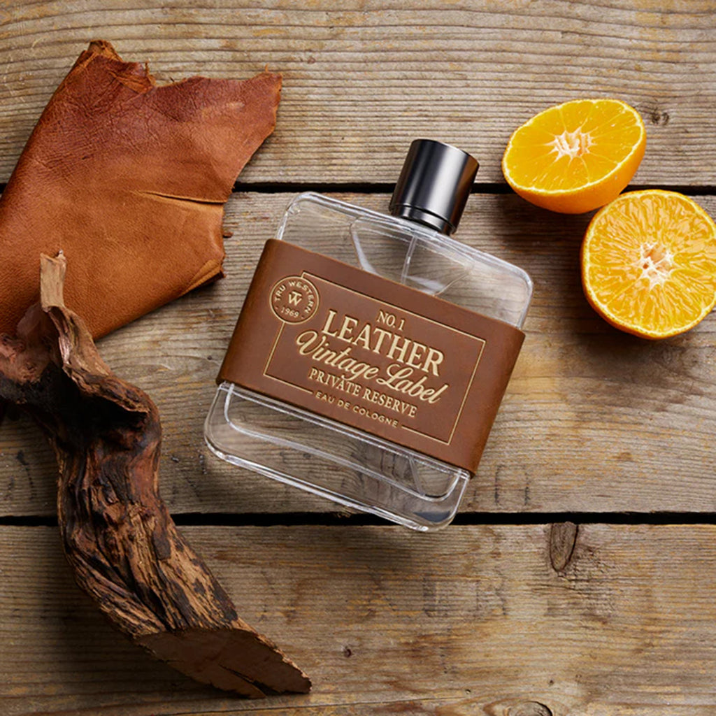 No. 1 Leather Vintage Label Private Reserve Cologne bottle with vintage label, aged leather, cedarwood and clementine