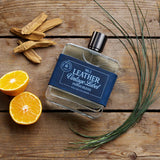 No. 3 Leather Vintage Label Indigo Blend Cologne displayed in a flat lay with Mandarin, Blue Vetiver and Sandalwood