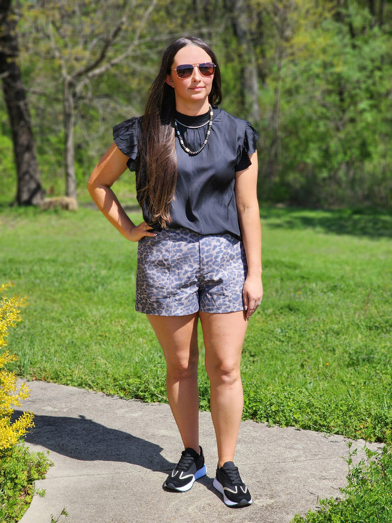 Front View of high wast4ed leopard shorts 