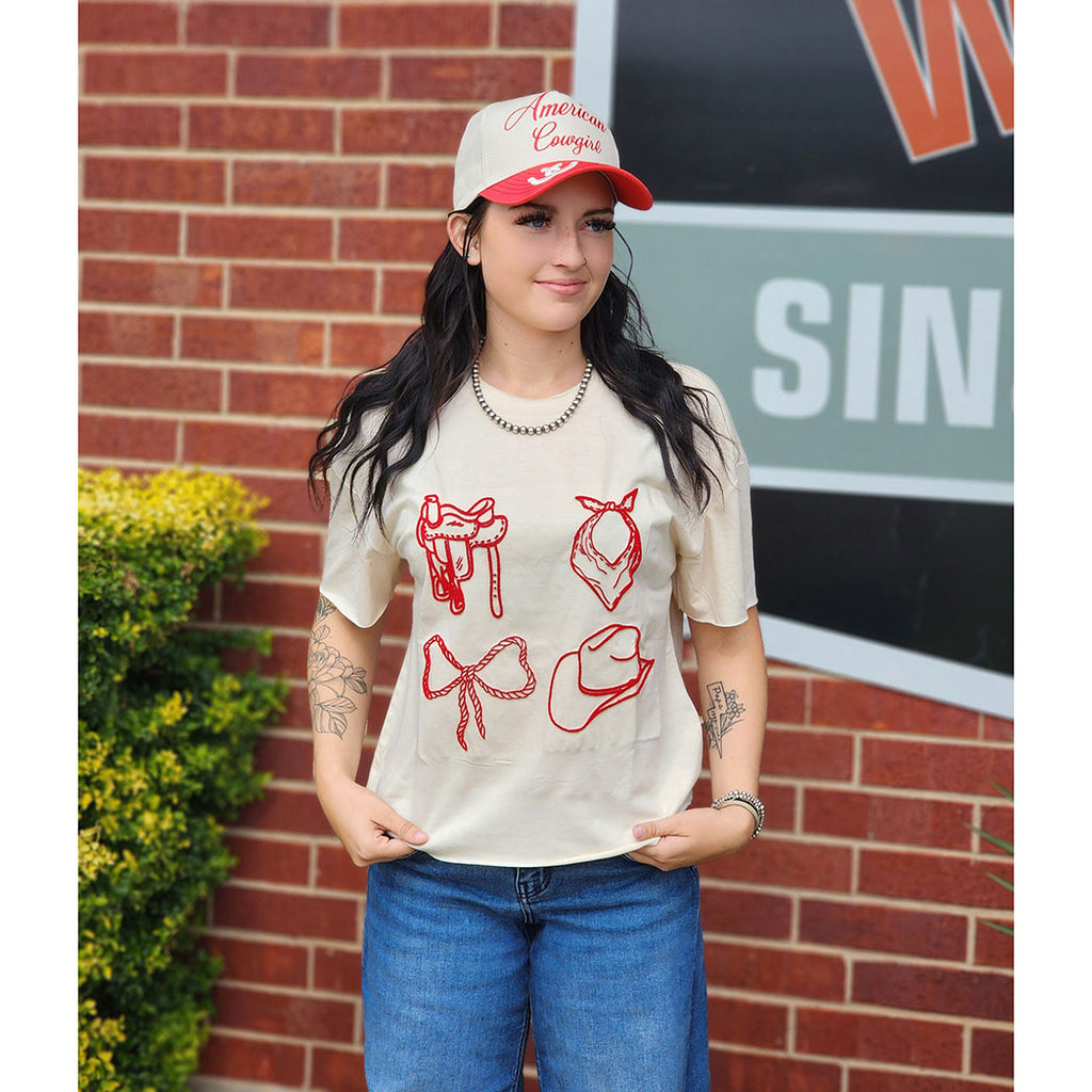 Cream, Red stitching, long crop, raw hem, crew neck