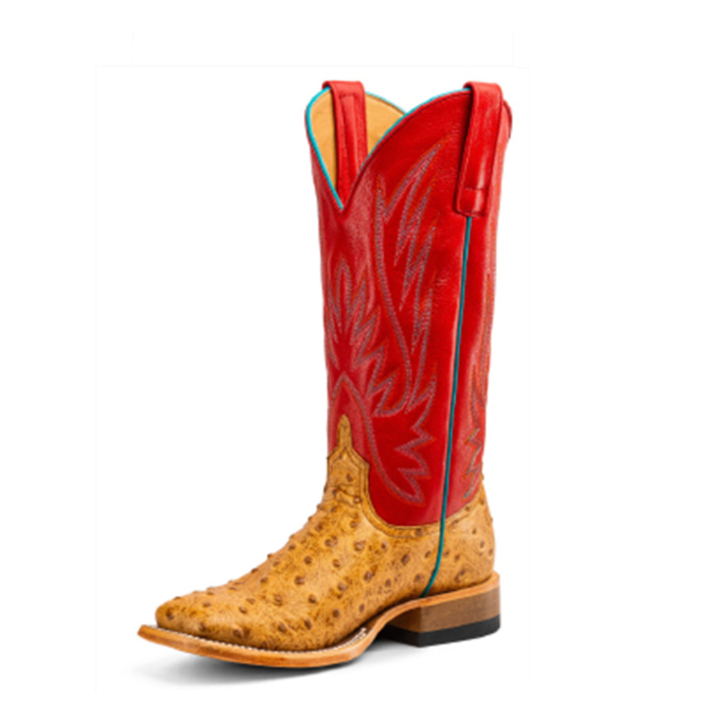 Saddle colored ostrich print boot with red top