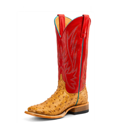 Saddle colored ostrich print boot with red top