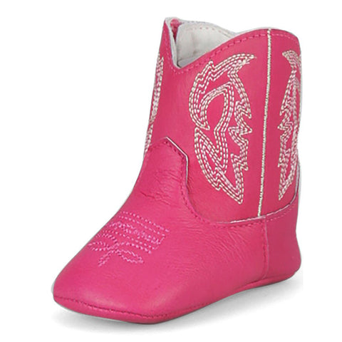 Justin Pink Infant Boot front view showing soft sole and decorative Western stitching