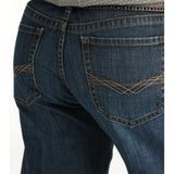 men's relaxed fit dark colored jeans with back pocket embroidery in antique gold and khaki- pocket view