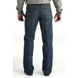 men's relaxed fit dark colored jeans with back pocket embroidery in antique gold and khaki