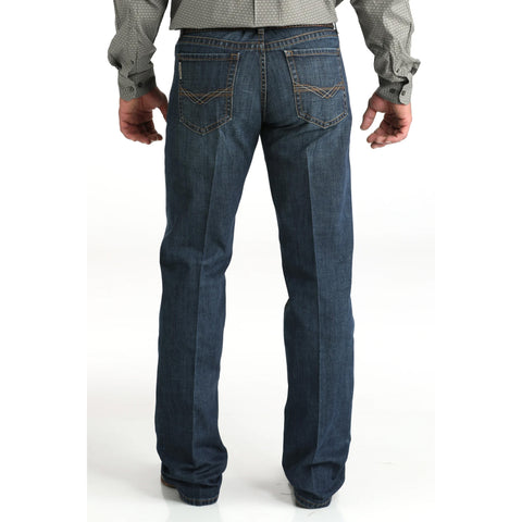 men's relaxed fit dark colored jeans with back pocket embroidery in antique gold and khaki