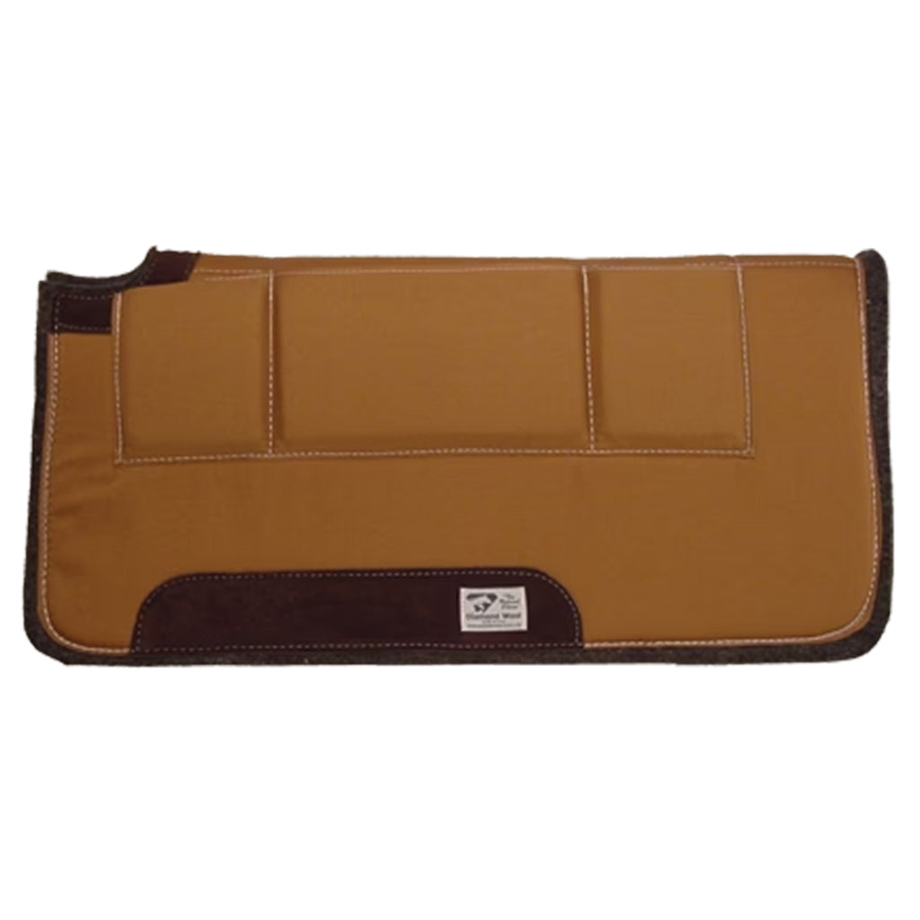 Side view of tan and brown saddle pad. 