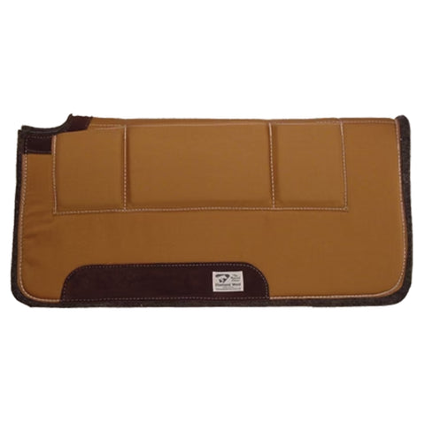 Side view of tan and brown saddle pad. 
