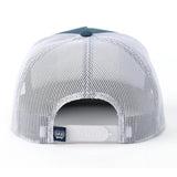 Back side view of the hat, it has a white mesh backing and an adjustable snap closure. 
