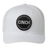 White Cinch Flex Fit Cap in a front view, showing the bold black Cinch logo
