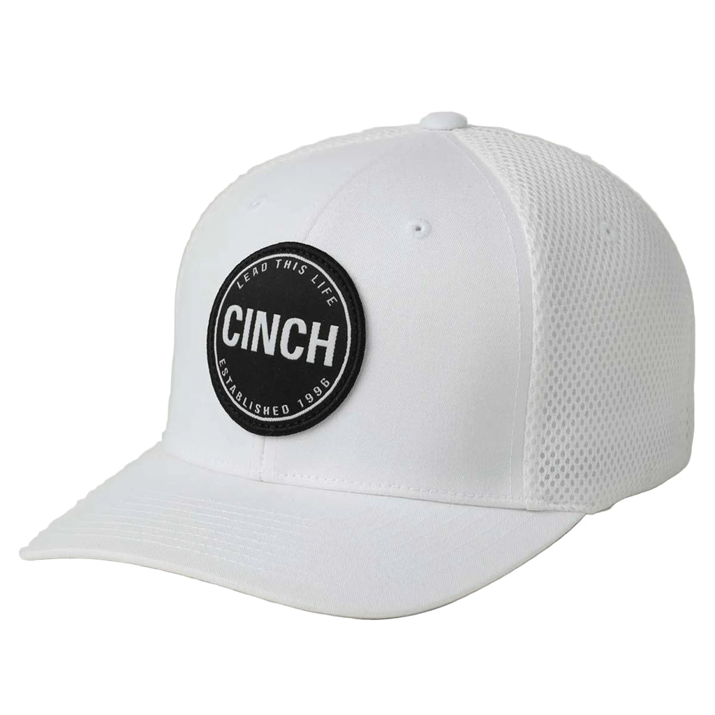 White Cinch Flex Fit Cap in a side view, highlighting the breathable white mesh panels and curved bill.