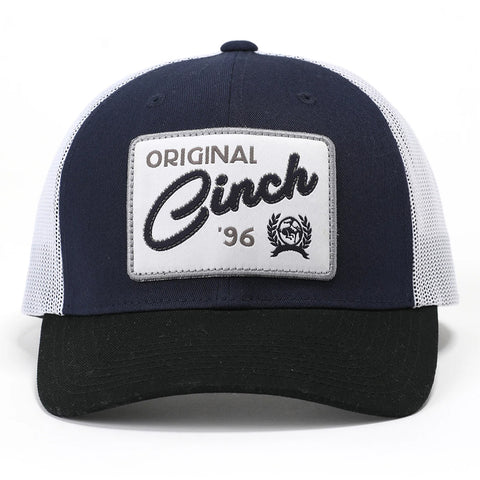 Dark blue trucker hat with white and black Cinch woven patch. 