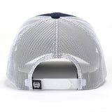 Back side view of the hat, it is white mesh with an adjustable snap closure. 
