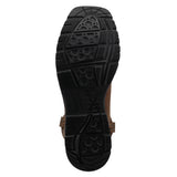 Sole view of Twisted X 10" Cowboy Work Boot on a white background showing tread pattern and work outsole.
