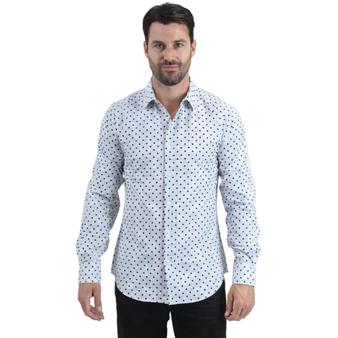Men's Flocked Modern Fit Spandex White Shirt With Black Diamonds