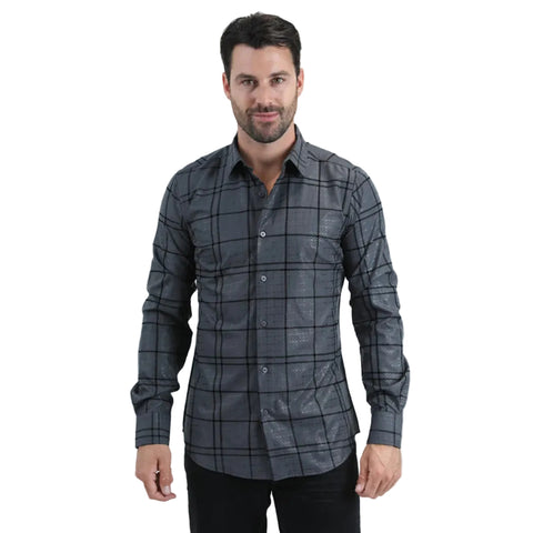 Platini Men's Flocked Modern Fit Spandex Charcoal Shirt