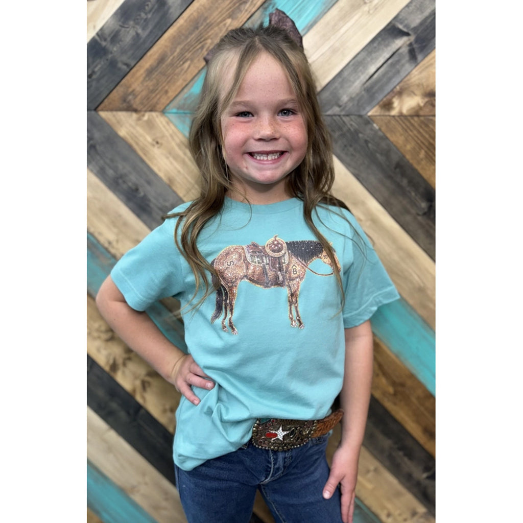 Mini Rhinestone Cowhorse Shirt in Turquoise