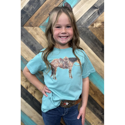 Mini Rhinestone Cowhorse Shirt in Turquoise