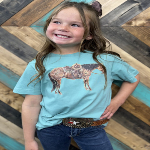 Mini Rhinestone Cowhorse Shirt in Turquoise