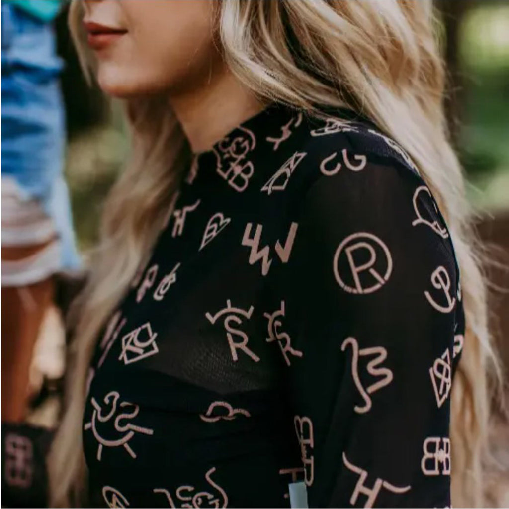 Brown Branded 3D Print Black Mesh Top