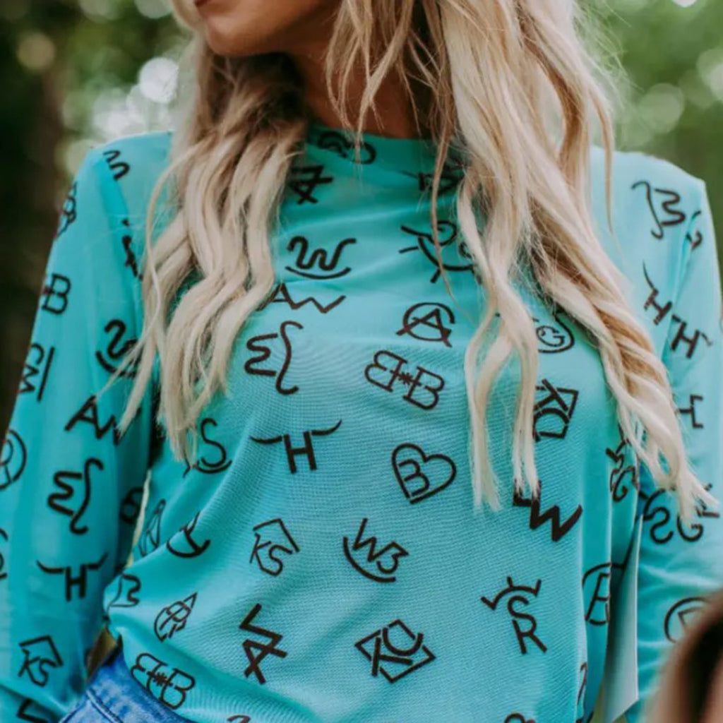 Black Branded 3D Print Mesh Top - Turquoise