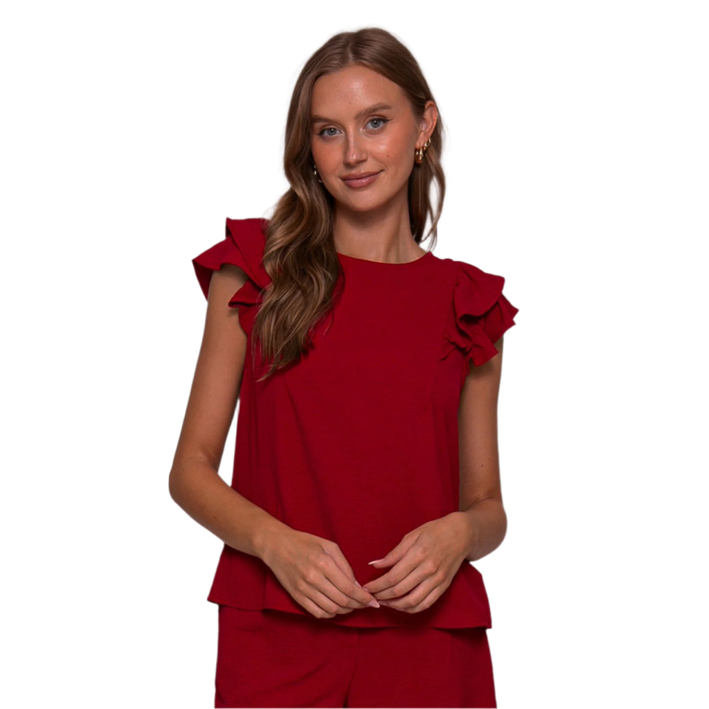 burgundy blouse with double ruffle short sleeves and round neck