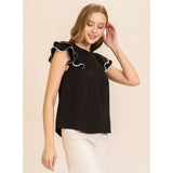 Women's Black With White Ricrac Ruffle Short Sleeve