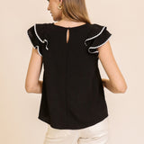Women's Black With White Ricrac Ruffle Short Sleeve